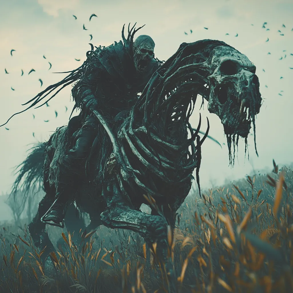 A skeletal, undead knight rides a decaying, skeletal horse through a desolate, grassy landscape.  Birds of prey circle overhead in a gloomy, misty atmosphere. The rider is cloaked and masked, his face a skull-like visage. The horse's bones are visible through decaying flesh, creating a horrific yet majestic image of death and decay.  The overall scene evokes a sense of foreboding and apocalyptic dread.