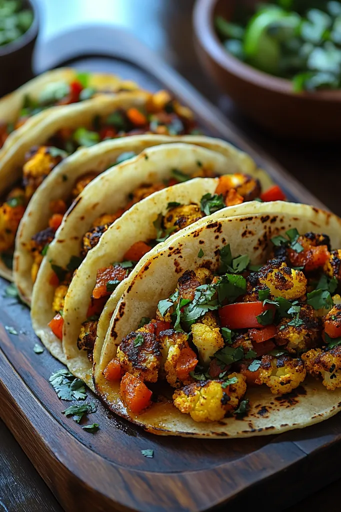 A close-up shot showcases several tacos arranged on a dark wooden board.  The tacos are filled with seasoned cauliflower florets, roasted bell peppers, and fresh cilantro.  The warm tortillas are slightly browned, and a rich sauce is visible beneath the filling.  A blurred background hints at bowls of salsa and other garnishes. The image emphasizes the vibrant colors and textures of the food.