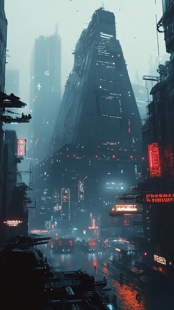 A futuristic cityscape at night is depicted, dominated by a colossal, dark pyramid-shaped structure.  Rain slicks the streets, reflecting neon signs in vibrant red and blue hues.  Smaller buildings and vehicles crowd the scene, creating a dense, atmospheric urban environment.  The overall mood is dark and moody, yet strangely alluring, hinting at a technologically advanced, possibly dystopian world.