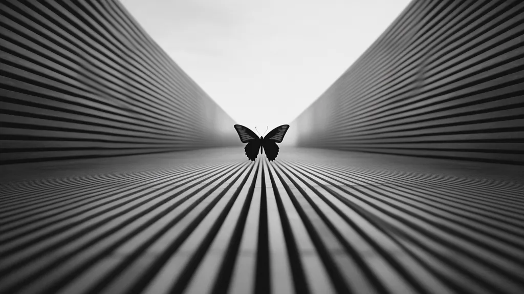 A black and white image depicts a lone, dark butterfly centered on a pathway formed by converging, parallel lines. The lines create a strong sense of perspective, leading the eye towards the butterfly and beyond.  The contrast between the dark butterfly and the light, structured background emphasizes the insect's delicate form. The overall mood is one of serene contemplation and minimalist design.