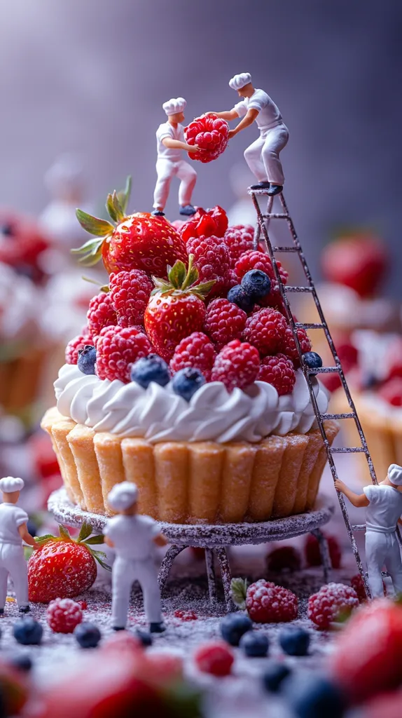 Miniature bakers decorate a large tart laden with fresh raspberries, strawberries, and blueberries.  They use a tiny ladder to reach the top, adding the final touches to the sweet treat.  The scene is dusted with powdered sugar, creating a whimsical and delicious tableau.  Surrounding the main tart are additional berries and smaller pastries, completing the sugary landscape.