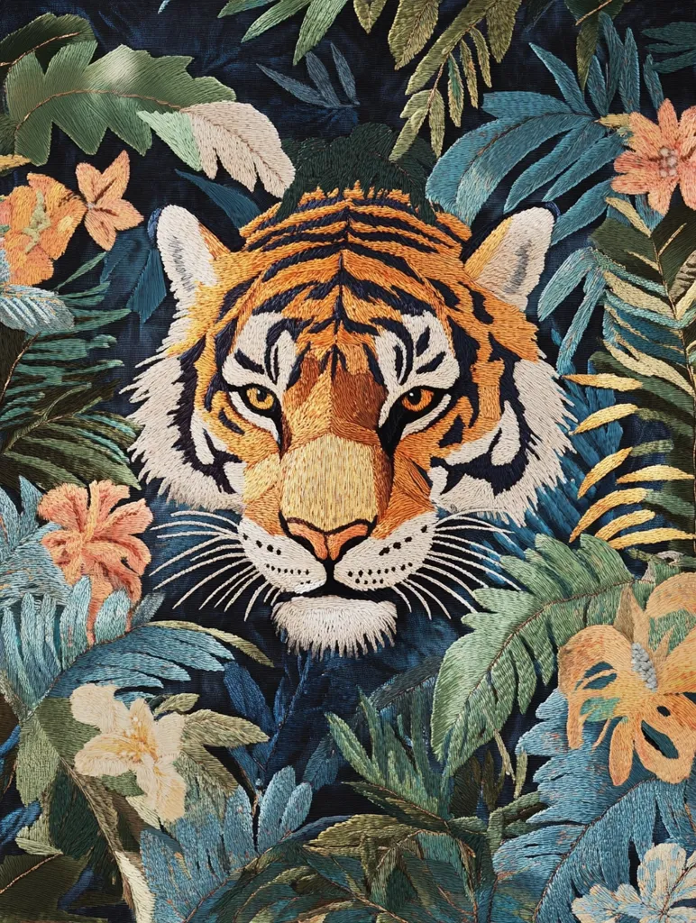 A detailed embroidery depicts a tiger's face nestled within a vibrant jungle scene.  Intricate stitching showcases the tiger's fur, sharp features, and piercing eyes. Lush tropical foliage, including various flowers and leaves in shades of green, teal, and orange, surrounds the tiger, creating a rich, textured artwork. The dark background enhances the colors and details of the embroidery.