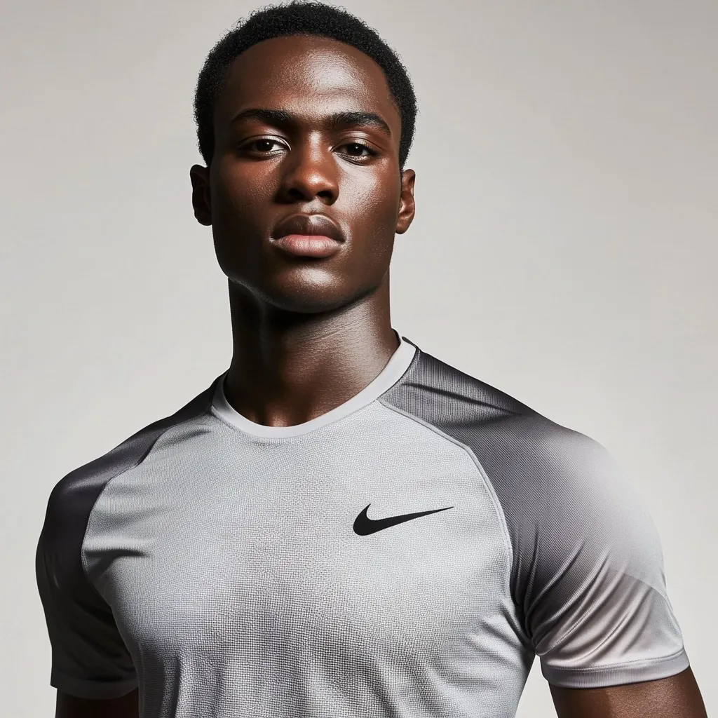 A young, dark-skinned man with short hair looks directly at the camera. He's wearing a light grey Nike performance t-shirt with darker grey raglan sleeves. The shirt has a subtle textured pattern and features a small black Nike swoosh logo on the chest. The background is a plain, light grey.  The image is clean and modern, focusing on the athletic apparel.