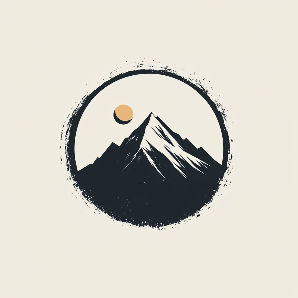 A minimalist design features a stylized mountain range within a textured circular frame.  The mountain peaks are dark, contrasted against a light background, giving a sense of serenity. A small, pale sun or moon is positioned above the mountains, adding to the peaceful, almost meditative aesthetic. The rough texture of the circle suggests a brushstroke, enhancing the artwork's artistic feel.