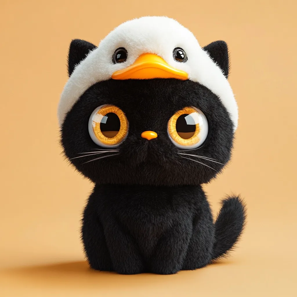 A cute, cartoonish black kitten sits against a muted orange background.  The kitten has large, expressive orange eyes and wears a white duck-shaped hat.  Its fur is depicted as soft and fluffy, giving it an endearingly plush appearance. The overall style is playful and charming.