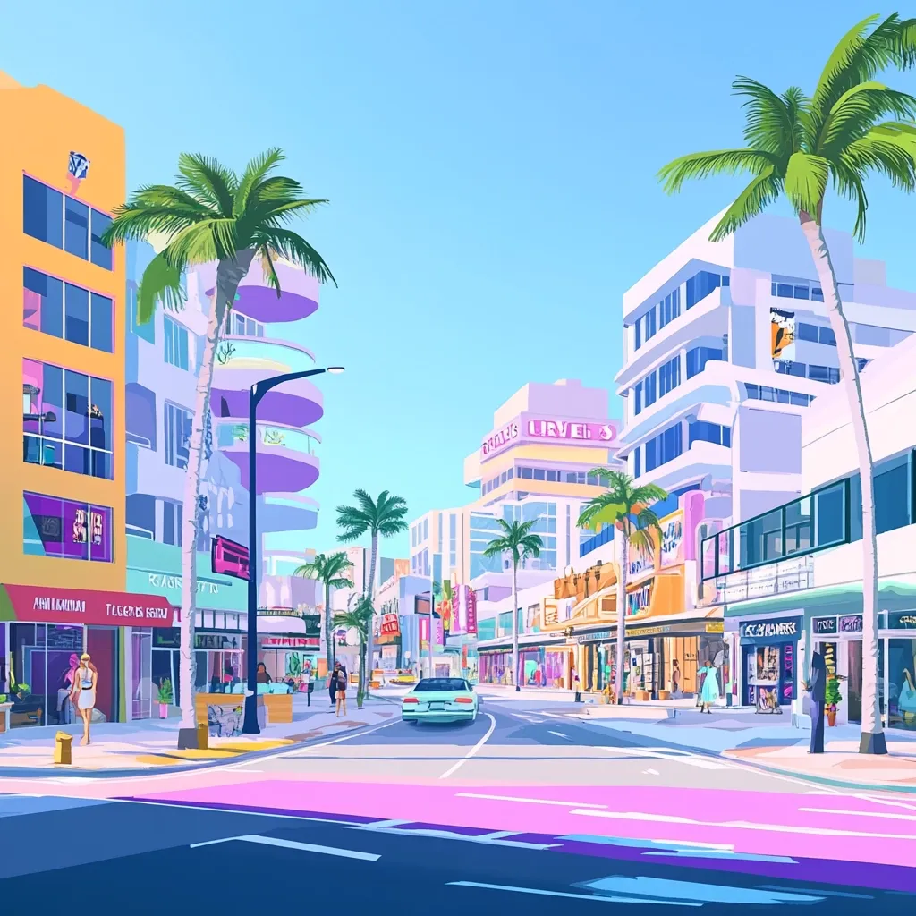 A vibrant illustration depicts a sun-drenched Miami-esque street scene. Pastel-colored buildings line the road, adorned with palm trees and stylish shops.  Pedestrians stroll along the sidewalks, and a car drives down the center. The overall style is playful and reminiscent of retro-futurism, with a focus on bright, saturated colors and clean lines.  The atmosphere is cheerful and optimistic.