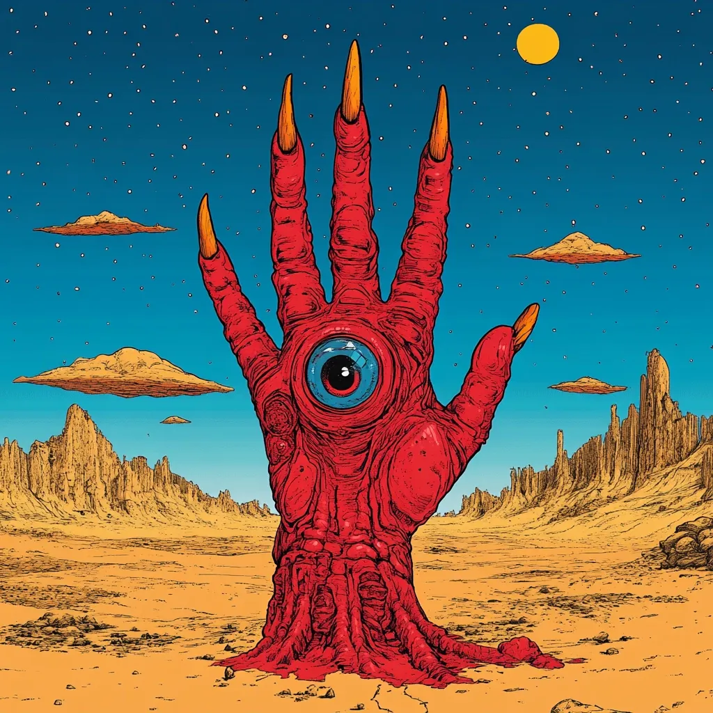 A large, red, clawed hand with a single eye in its palm rises from a desolate desert landscape under a night sky.  The hand is monstrous in scale, its texture rough and fleshy.  Strange, cloud-like formations drift across the blue sky, accompanied by a yellow sun and scattered stars. The background features a range of eroded rock formations, adding to the surreal and otherworldly atmosphere.