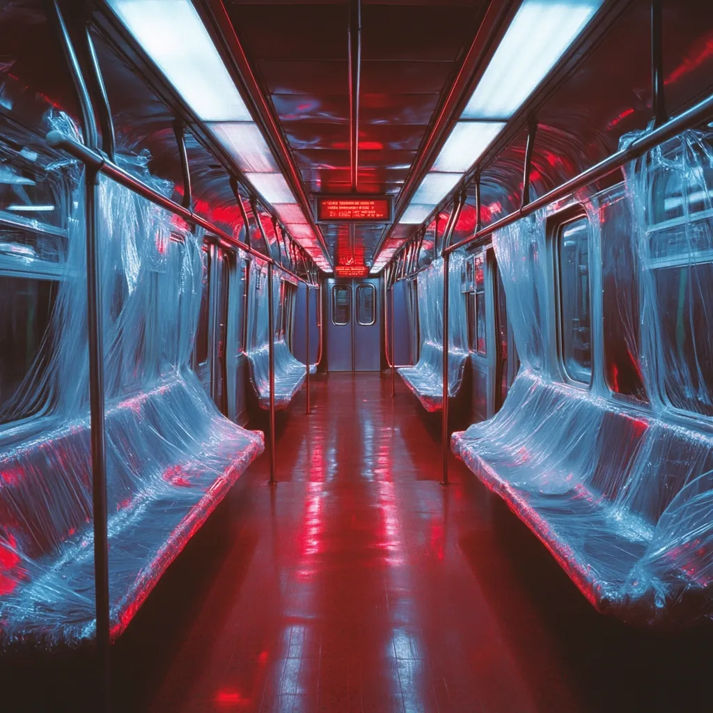 The image shows the interior of a subway car bathed in red and blue light.  All the seats are covered in clear plastic sheeting, creating a surreal and somewhat dystopian atmosphere. The empty car, with its gleaming floor reflecting the lights, evokes a feeling of stillness and isolation. The overall effect is striking and visually arresting.