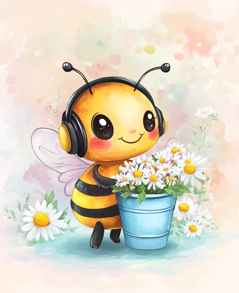 A cute cartoon bee, wearing black headphones, happily carries a small light-blue bucket filled with white daisies.  The bee is brightly colored and has large, expressive eyes.  The background is a soft watercolor wash of pastel pinks and greens, with additional daisies scattered around the bee. The overall style is whimsical and charming.