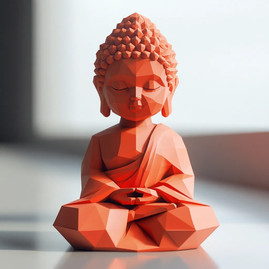 A low-poly, coral-colored statuette of Buddha sits in a meditative pose.  The figurine's design is geometric, with faceted surfaces creating a modern, artistic interpretation of the traditional image.  The Buddha's eyes are closed, suggesting serenity and contemplation. The statue rests on a light-colored surface, with soft, diffused light illuminating it.