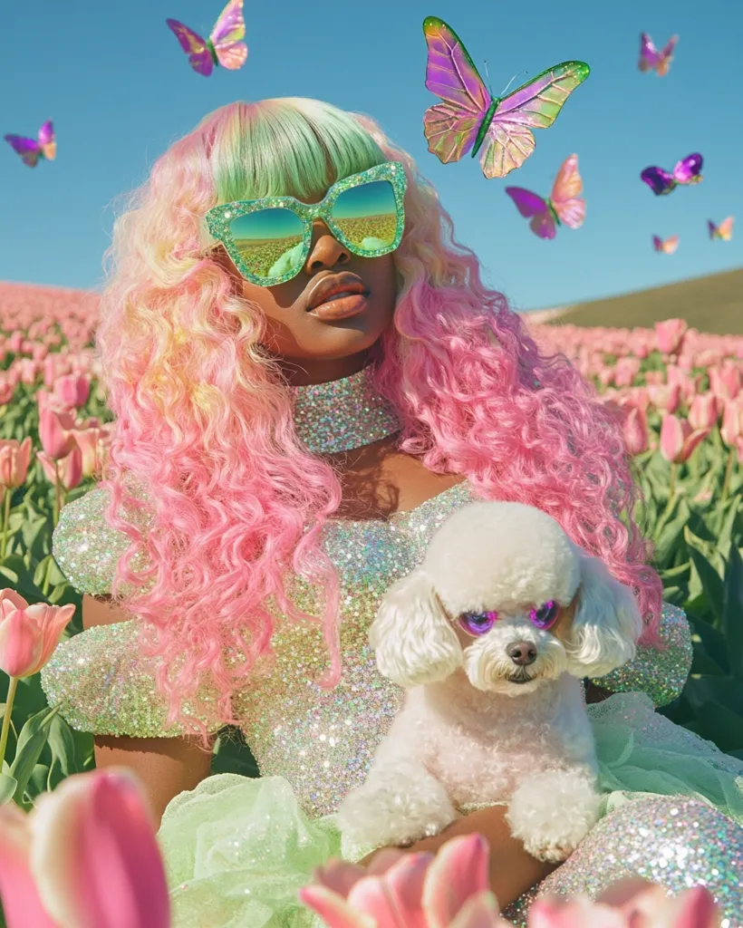 A woman with vibrant pink and green hair, wearing iridescent green sunglasses and a sparkly pastel dress, sits amidst a field of pink tulips.  She holds a fluffy white poodle, also sporting miniature sunglasses.  Surrounding them, colorful butterflies flutter in the sunny sky, creating a whimsical, fantastical scene.