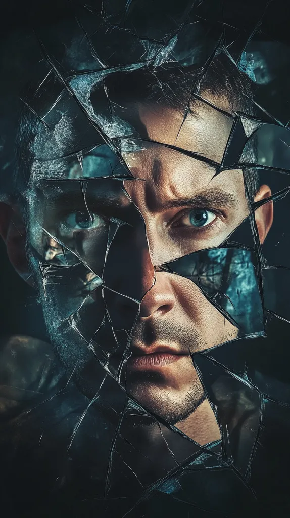 A man's face is fractured and fragmented, obscured by a shattered pane of glass.  His intense gaze and serious expression are partially visible through the sharp, jagged pieces. The dark, moody tones and fragmented image create a sense of vulnerability, psychological distress, or internal conflict. The overall effect is dramatic and unsettling.