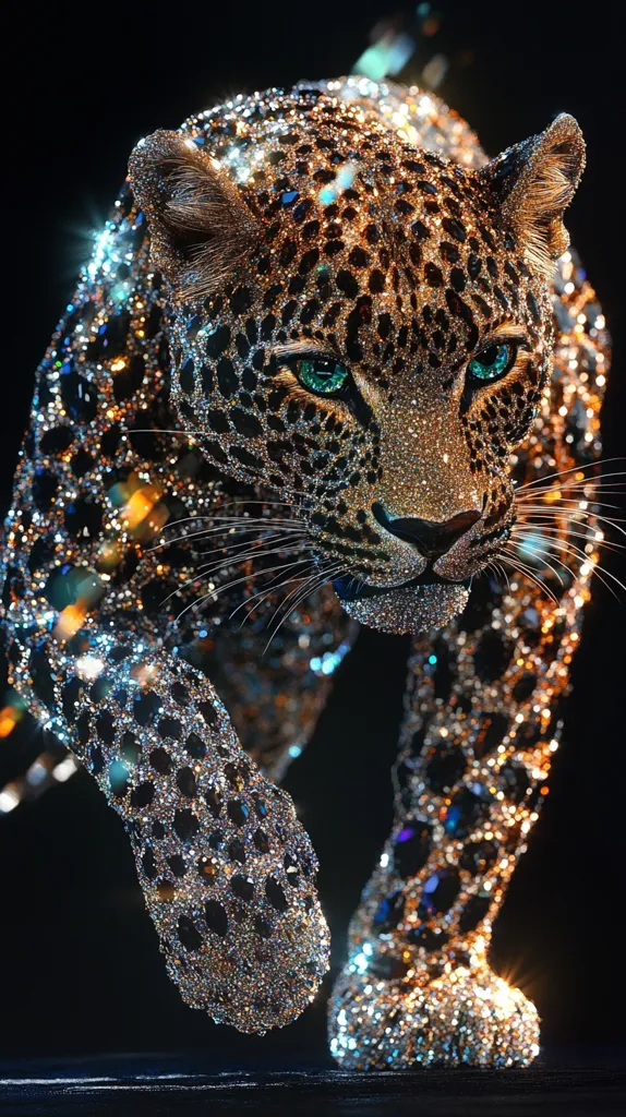 A stunning digital rendering depicts a jaguar crafted entirely from sparkling crystals and gemstones.  The intricate detail captures the big cat's powerful stance and piercing emerald eyes.  Warm gold and cool blues shimmer across its body, creating a luxurious and mesmerizing effect against a stark black background.  The image is a breathtaking blend of nature and opulence.
