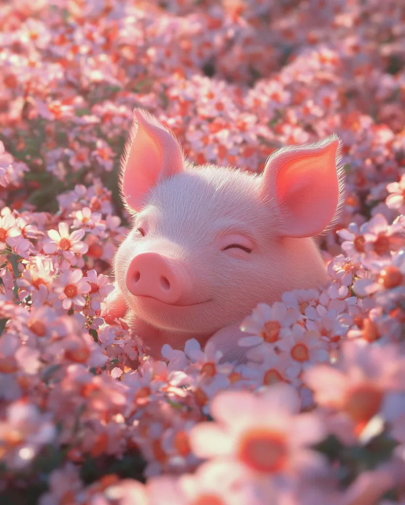 A cute, pink piglet rests contentedly amidst a field of delicate, light pink flowers.  Its eyes are closed, and a gentle smile graces its face, creating a serene and heartwarming image. The soft, fuzzy texture of the piglet contrasts beautifully with the blossoms, forming a picturesque scene of idyllic peace. The overall tone is soft, warm, and inviting.