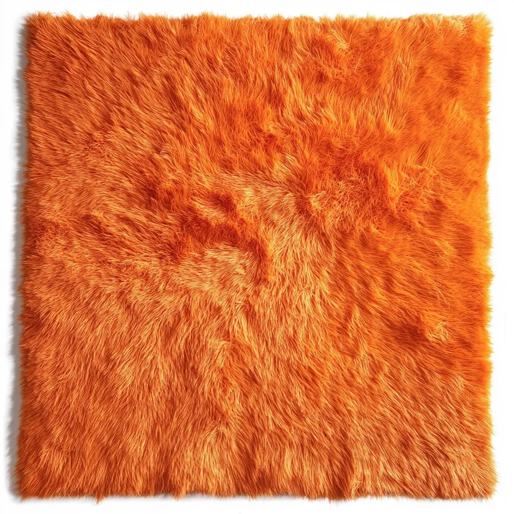 A vibrant orange shaggy rug is shown.  The rug is square and features long, plush fibers that create a soft, textured appearance. The rich, burnt orange color is consistent throughout. The rug is presented against a plain white background, emphasizing its texture and color.  The image is a close-up view of the rug’s surface.