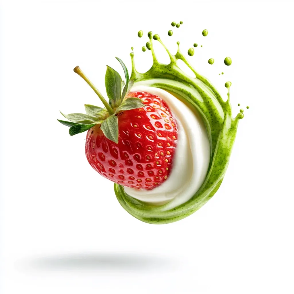 A vibrant red strawberry, partially coated in creamy white topping, is captured in mid-air.  It's surrounded by a dynamic splash of bright green liquid, possibly matcha, creating a visually striking image of deliciousness. The background is pure white, emphasizing the colorful food and its lively motion.  The overall impression is one of freshness and delectable indulgence.
