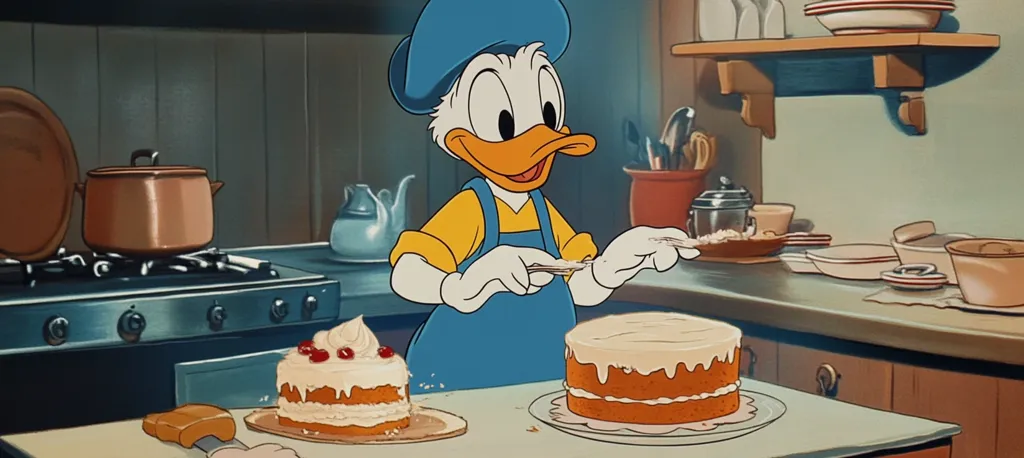 Donald Duck, wearing a blue baker's hat and overalls, meticulously frosts a large layer cake in a cozy kitchen.  A smaller, decorated cake sits nearby.  The scene is warm and inviting, with copper pots on the stove and dishes on the shelves.  Donald's focused expression suggests he's carefully crafting a delicious treat.