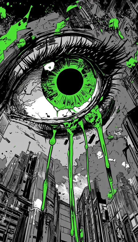A stylized illustration depicts a giant eye, its vibrant green iris and pupil contrasting against a grayscale cityscape.  Thick, dripping green streaks emanate from the eye, cascading down onto the buildings below. The overall style is reminiscent of graphic novels or manga, with bold lines and a gritty texture.  The image conveys a sense of urban decay and perhaps dystopia, with the eye acting as a powerful, unsettling focal point.