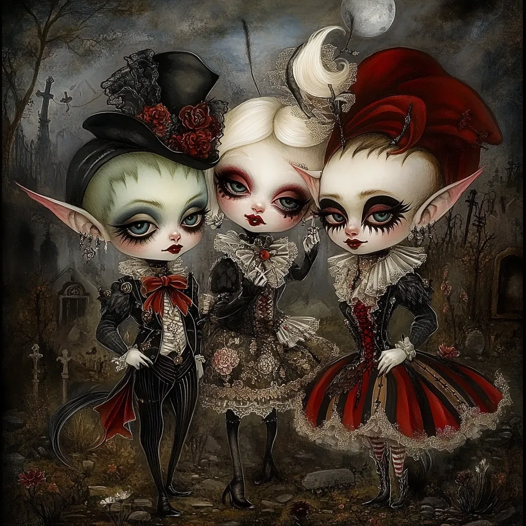 Three elven figures, styled in Victorian-era gothic fashion, stand amidst a graveyard under a moonlit sky.  The central figure is a blonde woman in a dark lace dress. Flanking her are a male elf in a top hat and tails and a female elf in a red and black dress.  Their expressive faces and intricate costumes contribute to the dark, whimsical aesthetic.  The scene is detailed and evocative of a gothic fairy tale.