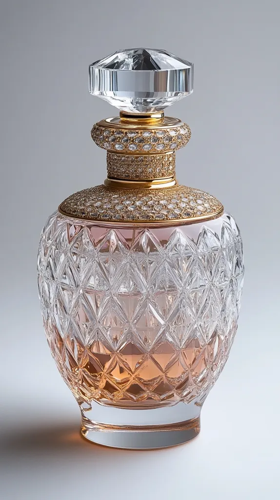 A luxurious perfume bottle crafted from crystal and adorned with diamonds.  The bottle features a geometric, faceted design with a clear crystal body showcasing a light pink perfume.  A large crystal stopper sits atop a gold band encrusted with smaller diamonds.  The overall design is opulent and elegant.