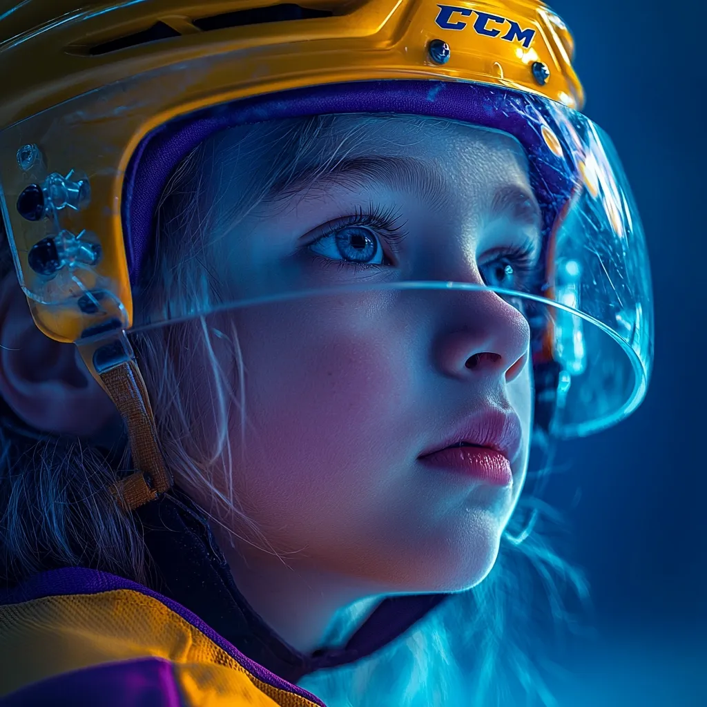 Close-up portrait of a young girl wearing a yellow CCM hockey helmet with a clear visor.  Her blonde hair peeks out from under the helmet. The lighting is dramatic, casting a cool blue hue on her face and emphasizing her expressive eyes.  She gazes off to the side, conveying a sense of determination and quiet strength.  The image's style is artistic and evocative.