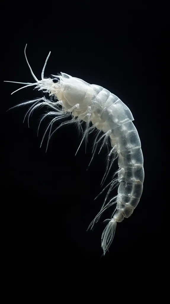 A translucent amphipod, a small crustacean, is captured in a close-up shot against a stark black background.  Its delicate, feathery appendages and segmented body are clearly visible, showcasing its almost ethereal quality.  The image highlights the creature's intricate details and its graceful posture. The lighting accentuates its translucent body, creating a striking contrast against the dark backdrop.