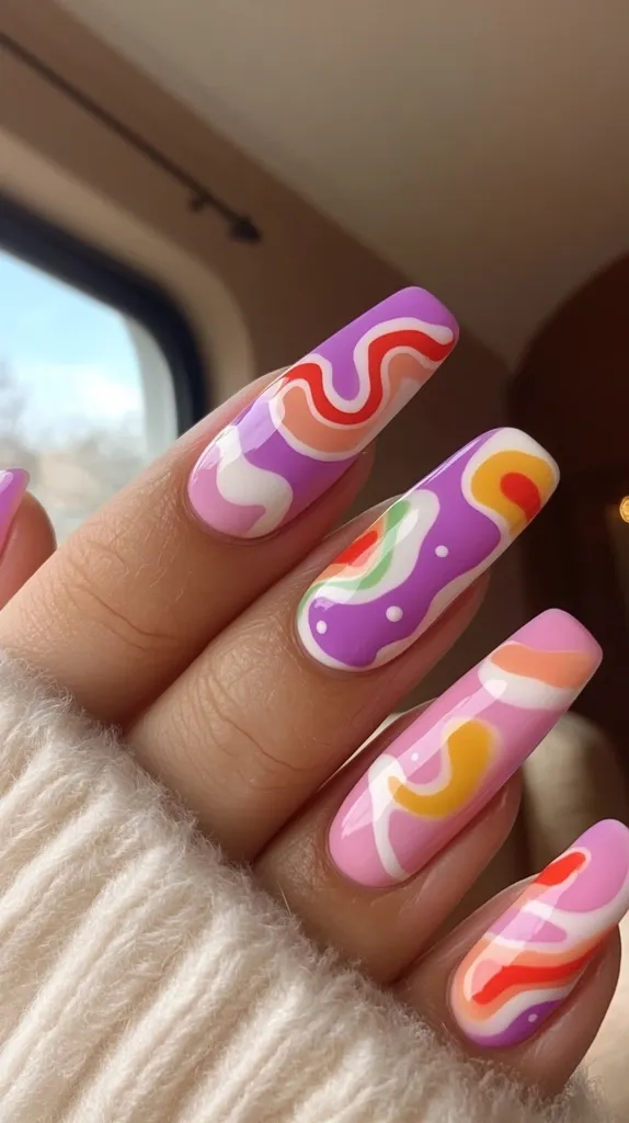 A close-up shot showcases a hand adorned with long, stylish nails. Each nail is painted with a unique abstract design featuring swirls of pastel colors like purple, pink, orange, and white, creating a vibrant and modern look. The nails are long and shaped into a fashionable, elongated style.  The hand rests gently on a creamy-white knitted fabric.