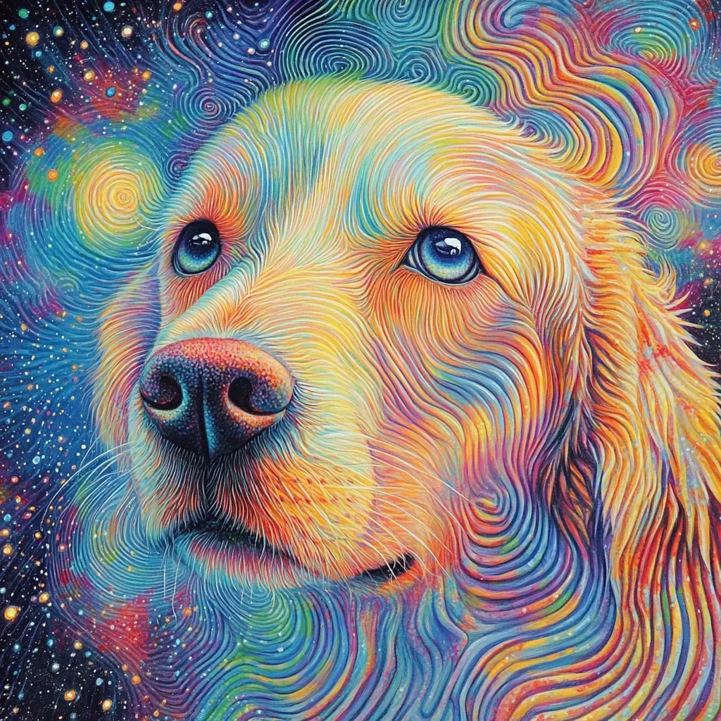 A vibrant, psychedelic painting depicts a Golden Retriever's head and shoulders.  The dog's fur is rendered in swirling, multicolored lines creating a cosmic effect.  The background mimics a nebula, with swirling colors and stars, enhancing the dreamy, otherworldly feel of the artwork.  The dog's eyes are large and expressive, adding to the artwork's captivating nature.