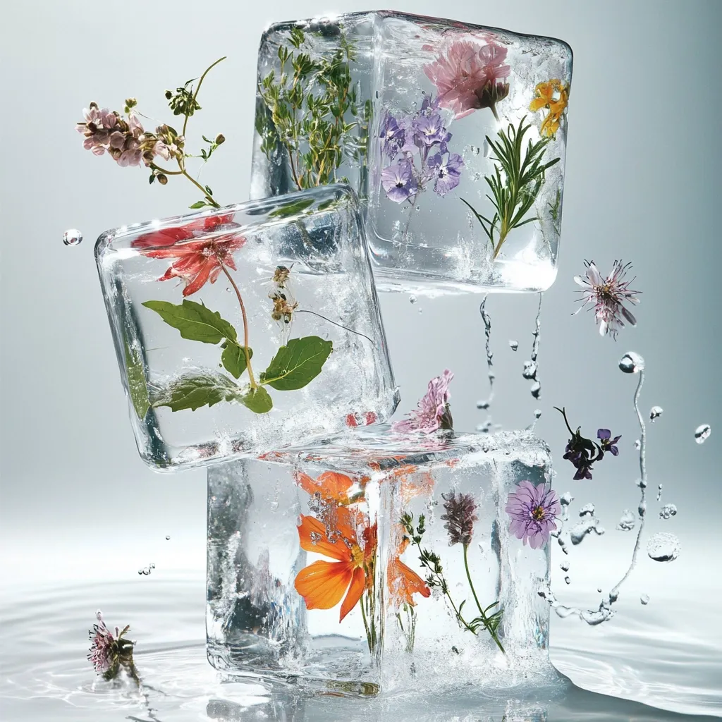 Three ice cubes, each containing various colorful flowers and herbs, are artfully arranged.  Water droplets splash around them as they rest on a reflective surface. The flowers are vibrant and diverse, creating a beautiful, frozen floral arrangement. The scene is serene and elegant, highlighting the delicate beauty of nature preserved in ice.
