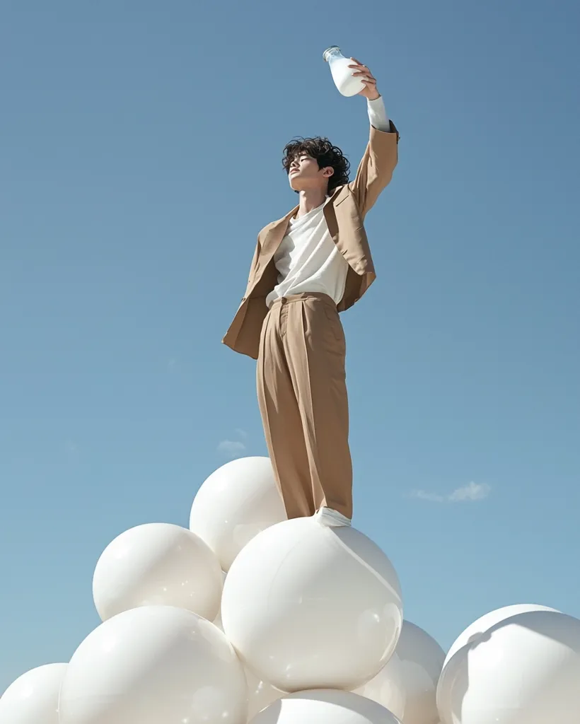 A young man in a tan suit stands atop a pyramid of large white spheres against a clear blue sky. He holds a glass bottle of milk aloft.  The image is minimalistic and stylish, suggesting a clean, pure aesthetic. The overall mood is serene and calm.