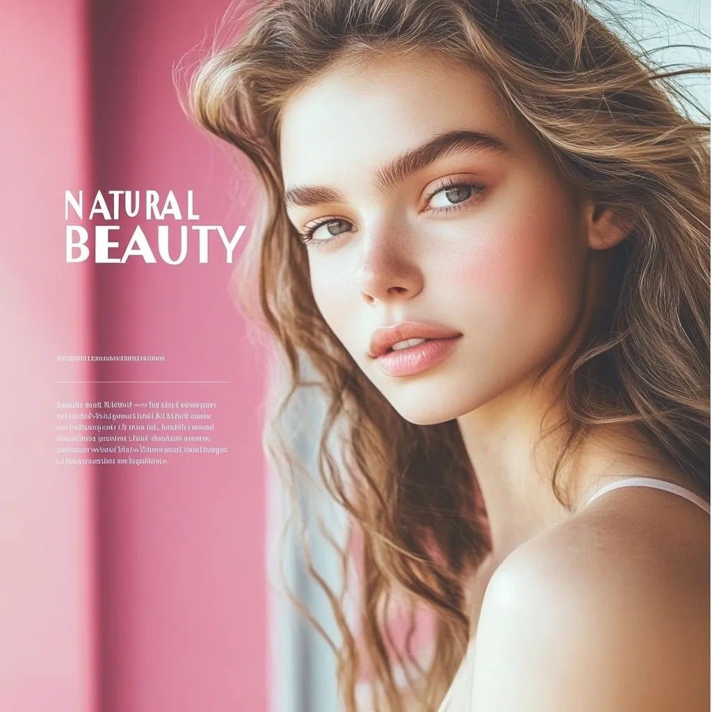 A close-up shot of a young woman with long, wavy light brown hair.  Her makeup is minimal, emphasizing natural beauty.  She's looking towards the camera with a soft, gentle expression. The background is a soft pink, and the image features the text "NATURAL BEAUTY" in a stylish font.  The overall aesthetic is clean, fresh, and elegant.