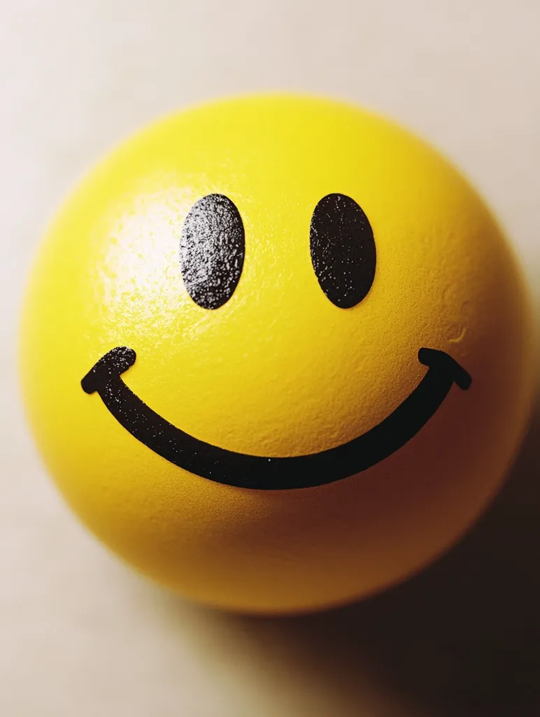 A close-up shot reveals a bright yellow sphere with a simple smiley face painted on it.  The black features are slightly textured, contrasting against the smooth, slightly glossy surface of the sphere. The image evokes feelings of happiness and cheerfulness, with a focus on the simple design and bright color. The background is a blurred, light beige, drawing all attention to the central smiley face.