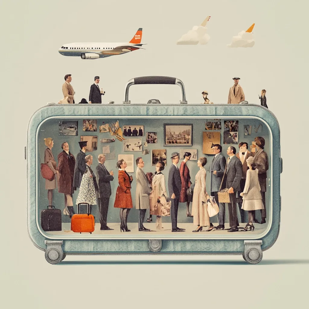 A vintage suitcase, seemingly transparent, contains a queue of mid-century dressed passengers.  Above, miniature figures stand on the luggage. A plane flies overhead, suggesting travel.  The interior of the suitcase is decorated with framed photographs and ephemera, adding to the nostalgic theme of journey and memory. The overall style is a whimsical collage, blending surrealism with a retro aesthetic.