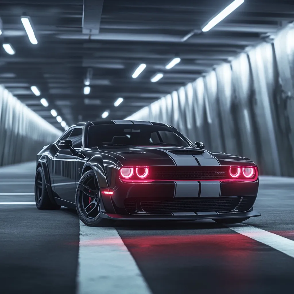 A sleek, black Dodge Challenger Hellcat Redeye sits in a dimly lit parking garage.  The car's bright pink headlights and bold racing stripes contrast sharply against its dark body. The clean lines of the vehicle and the futuristic setting create a dramatic and captivating image, highlighting the car's powerful presence. The perspective emphasizes the car's front, showcasing its aggressive design.