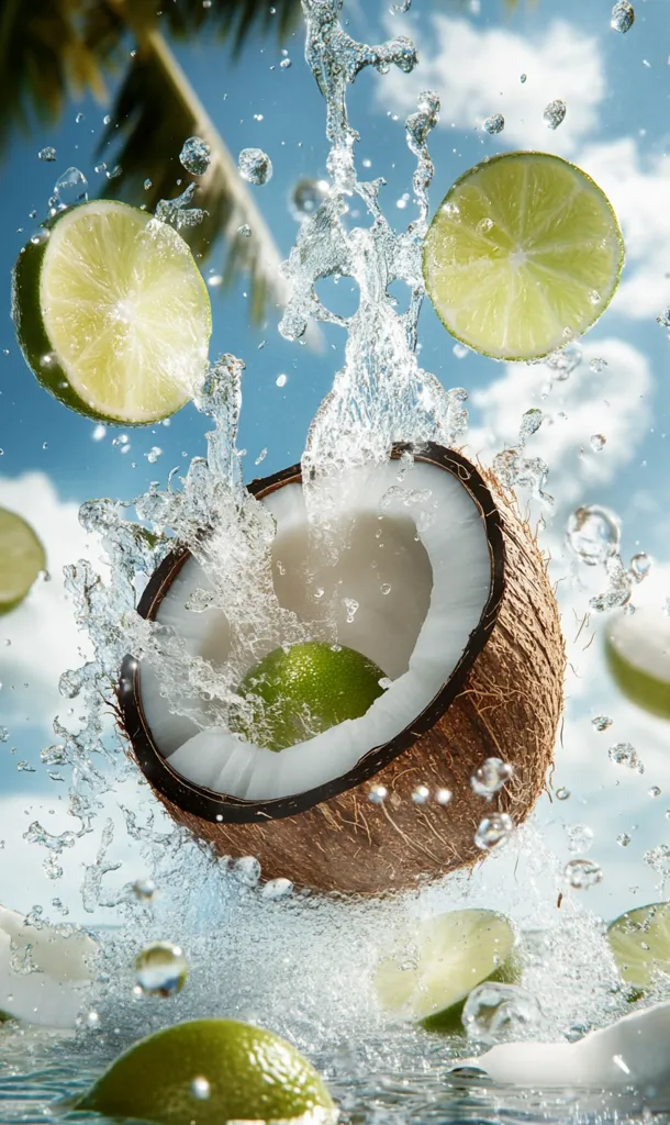 A halved coconut splashes into water, surrounded by lime slices.  Water droplets burst outwards, creating a dynamic scene against a bright blue sky and palm tree backdrop. The image evokes a refreshing tropical feeling, suggesting a summery, thirst-quenching beverage.  The vibrant colors and energetic movement create a visually appealing composition.