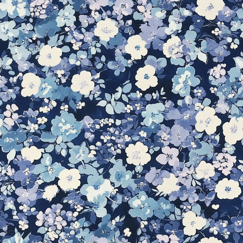 A navy blue fabric is densely patterned with a profusion of small and large flowers.  The flowers are rendered in shades of blue, lavender, and white, creating a watercolor effect. The floral design is repeated consistently across the fabric, producing a busy yet balanced overall look.  The style is reminiscent of a classic floral print, but with a modern, slightly faded aesthetic.