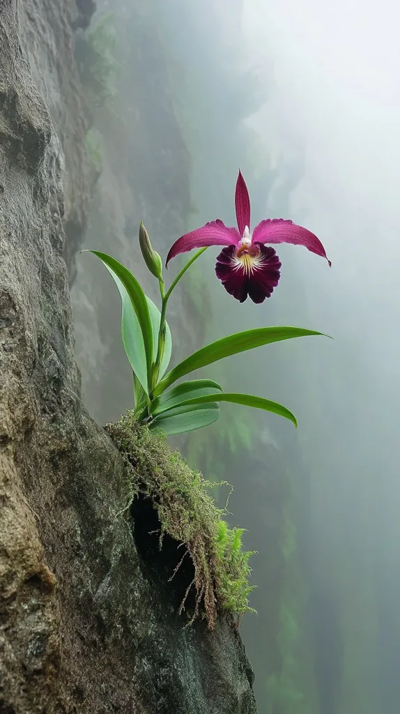 A vibrant purple orchid blossoms from a moss-covered crevice in a misty, rocky cliff face.  Its delicate petals contrast with the rugged stone, creating a striking image of resilience and unexpected beauty. The soft fog adds an ethereal quality to the scene, highlighting the orchid's vibrant color.  The plant's lush green leaves add to its overall charm.