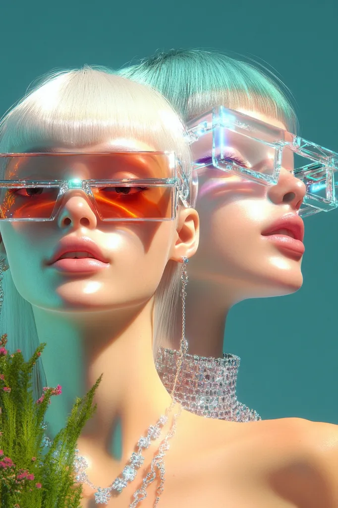 Two women with platinum blonde and teal hair are positioned closely, their faces almost touching.  Both wear large, clear, rectangular sunglasses with orange-tinted lenses. They are adorned with sparkling necklaces and dangling earrings.  A teal-green background and soft lighting create a futuristic, ethereal aesthetic. The image emphasizes symmetry and a sleek, modern style.