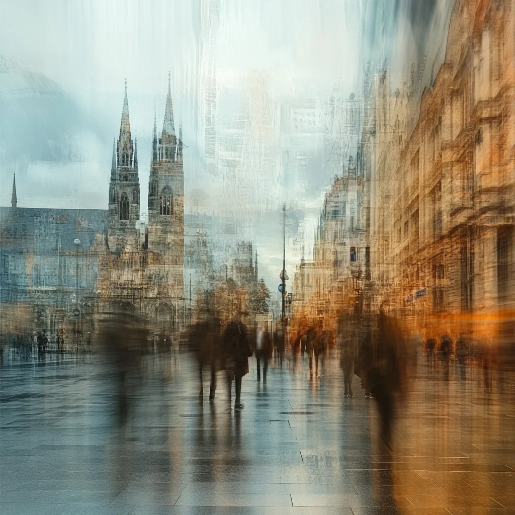 A dreamlike, impressionistic image depicts a city square with blurred figures.  A majestic cathedral dominates the background, its twin spires piercing a hazy sky.  Overlapping layers of buildings and motion blur suggest the bustling energy of the city, creating a sense of depth and movement.  The wet pavement reflects the architecture and figures, enhancing the ethereal atmosphere.  The overall effect is one of contemplative urban beauty.
