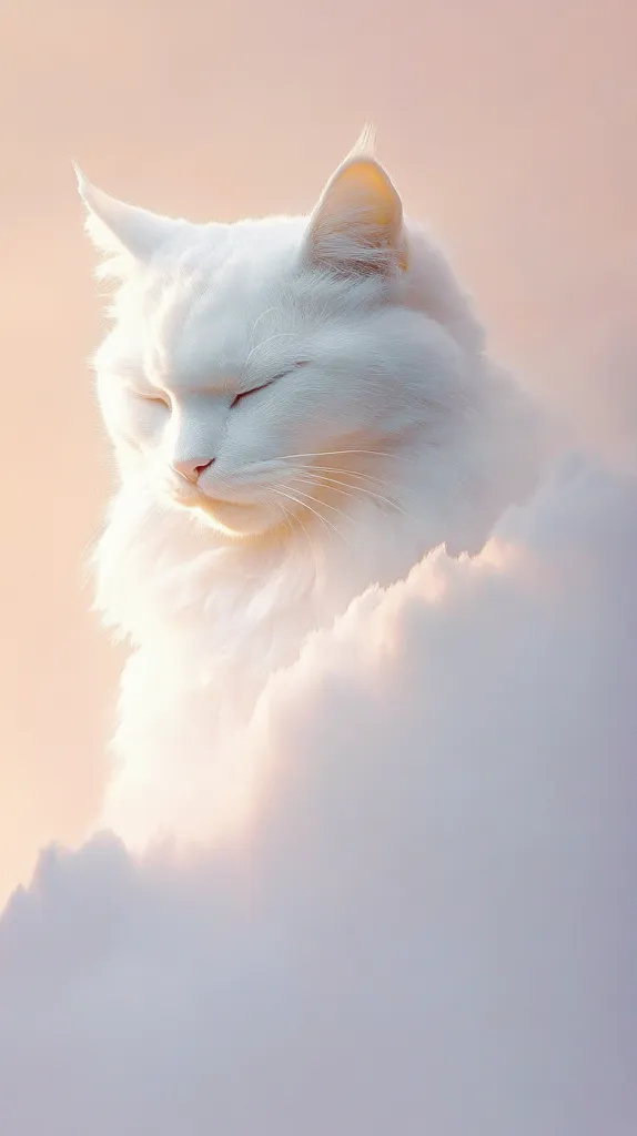 A serene white cat, eyes closed, appears nestled in a soft, fluffy cloud.  The image is bathed in a gentle, pastel light, creating a dreamy and peaceful atmosphere. The cat's fur is incredibly soft-looking, blending seamlessly with the ethereal cloud. The overall effect is one of tranquility and light.