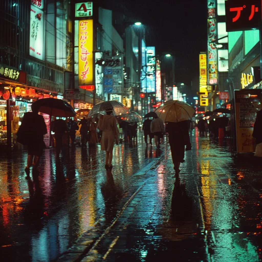 A rainy night in a vibrant Japanese city.  People with umbrellas navigate a glistening, neon-lit street.  Reflective puddles mirror the bright signs and bustling crowds. The atmosphere is both busy and serene, a captivating blend of urban energy and nocturnal tranquility.  The scene is saturated with the colors of the city's lights reflected in the wet pavement.