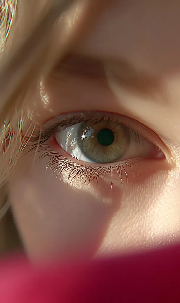 Close-up of a person's eye, showcasing hazel iris with flecks of green and brown.  Long, dark eyelashes frame the eye.  Sunlight highlights the skin, creating subtle shadows.  The lower portion of the image is obscured by a blurred, crimson object, possibly clothing. The overall impression is one of intimacy and natural beauty.