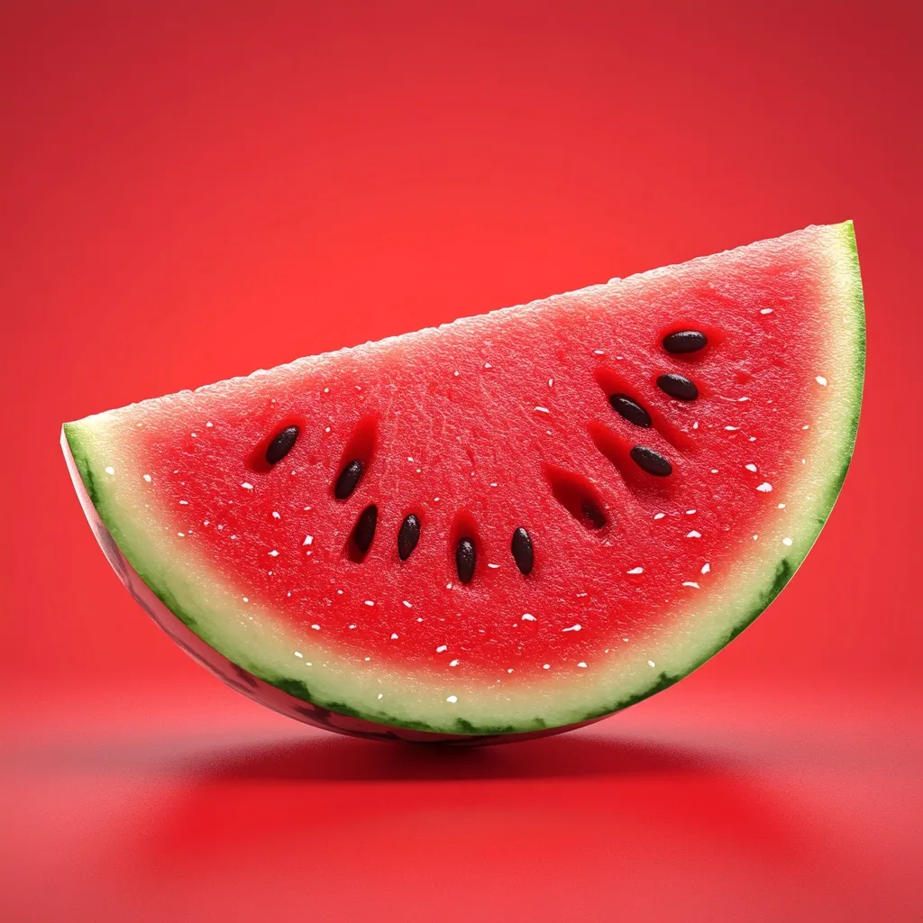 A vibrant slice of watermelon, glistening with moisture, is showcased against a bold red backdrop.  The juicy red flesh is speckled with black seeds, and the green rind is crisp and fresh.  The image is clean and visually appealing, emphasizing the watermelon's summery sweetness.
