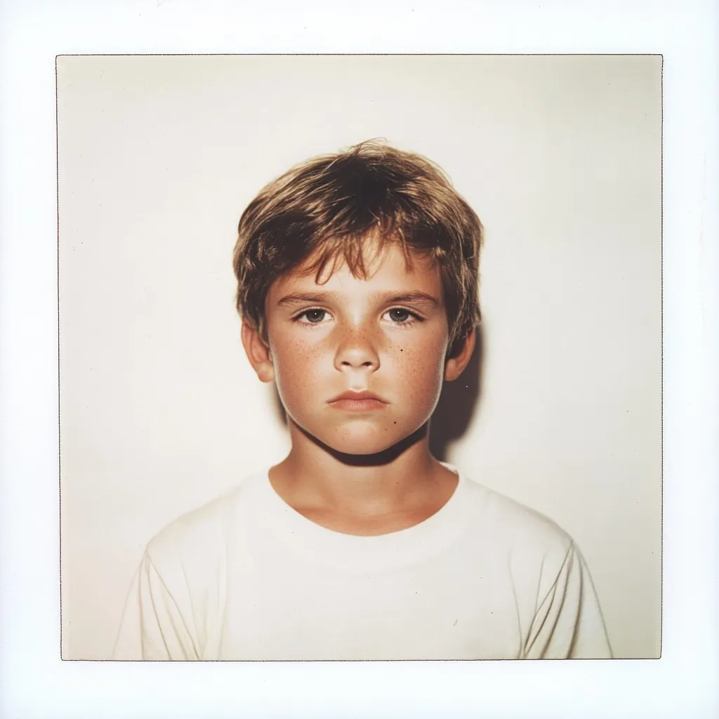 A Polaroid-style photograph shows a young boy with light brown hair and freckles. He's wearing a plain white t-shirt and has a serious expression. The background is a simple, off-white wall. The image evokes a feeling of nostalgia, reminiscent of childhood portraits from the past.  The lighting is soft and even, focusing attention on the boy's face.