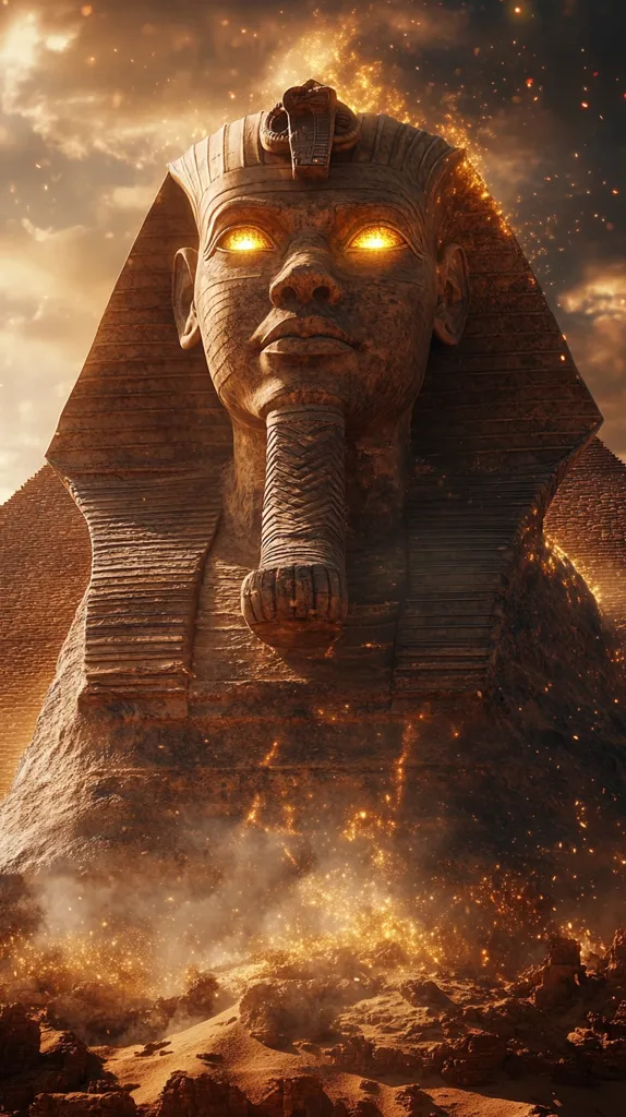 A majestic Great Sphinx of Giza statue, its eyes glowing with fiery intensity, dominates the scene.  Surrounding the ancient monument, golden embers and dust particles swirl, creating a mystical, almost apocalyptic atmosphere.  The pyramid rises in the background, partially obscured by the swirling particles. The overall effect is one of power, mystery, and ancient magic.