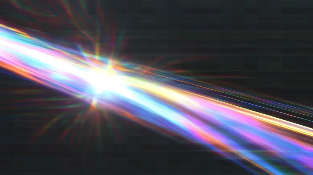 A vibrant, diagonal streak of light dominates the image, radiating a spectrum of colors from a central, bright core.  The colors shift from warm oranges and yellows near the center to cool blues and purples at the edges, creating a dynamic and iridescent effect.  The background is a dark, textured backdrop, enhancing the luminosity of the light streak.  The overall impression is one of energy and movement.
