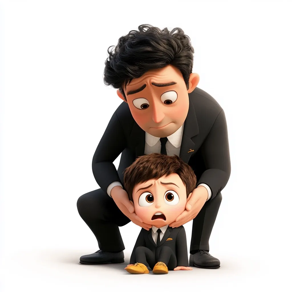 A worried-looking adult man in a black suit kneels down, gently holding the face of a frightened young boy, also in a suit.  The boy's large eyes are wide with fear, and his mouth is slightly open.  The man's expression is one of concern or sadness.  The image suggests a scene of distress or vulnerability, perhaps from an animated film.