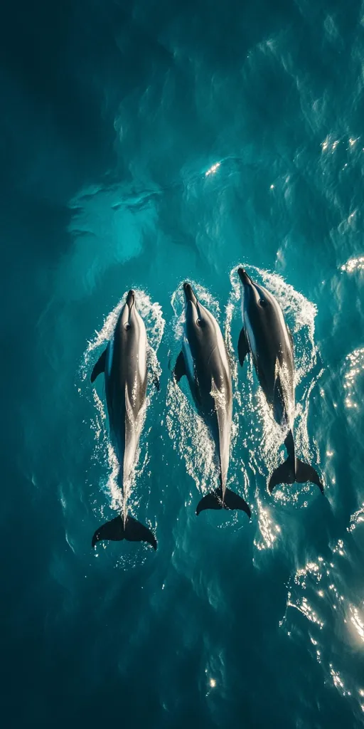 Three dolphins swim in formation in a vibrant teal ocean.  Sunlight glints off the water's surface, creating sparkling highlights. The dolphins' sleek bodies cut through the water, leaving small trails of bubbles.  Viewed from above, the scene offers a captivating glimpse into their underwater world.