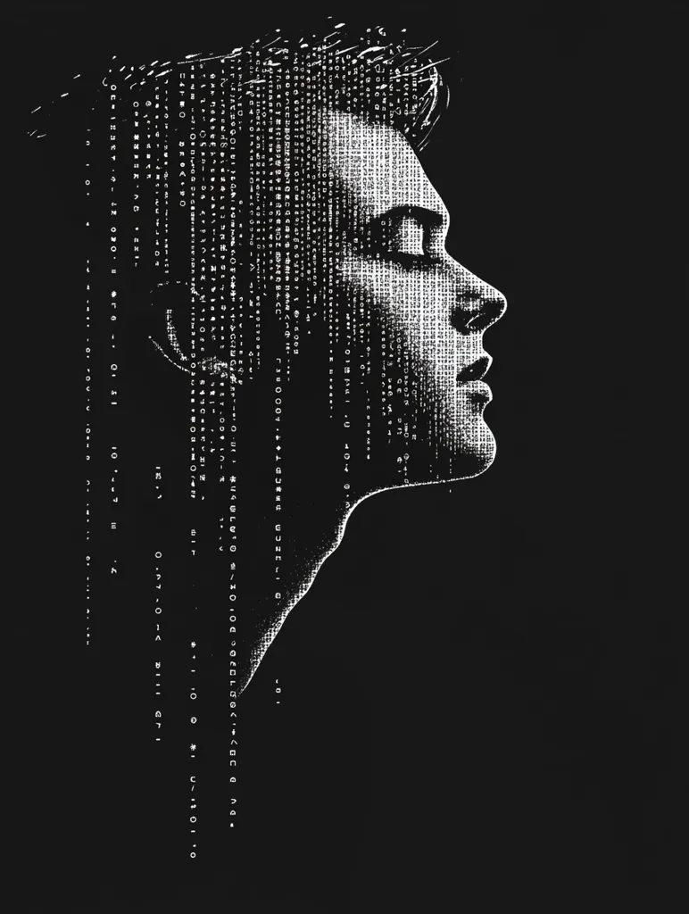 A stylized profile of a person's head and shoulders is depicted against a black background.  The image is composed of white alphanumeric characters, creating a pixelized effect. The characters cascade down from the head, resembling digital data streams or code. The overall impression is one of digital identity or the merging of humanity and technology.