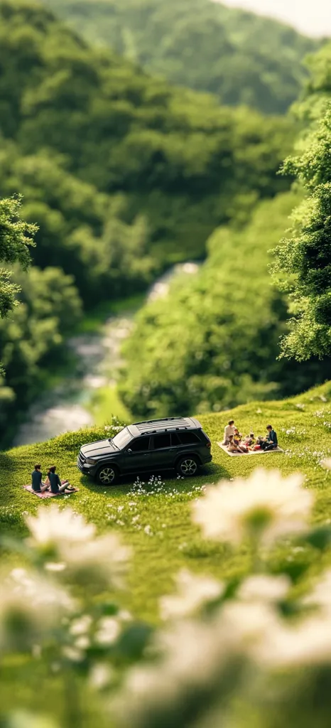 A miniature family enjoys a picnic beside a dark-colored SUV parked on a lush green hillside.  The scene is idyllic, with a blurry background of rolling green hills and a winding stream.  Tiny figurines represent the family, adding to the whimsical, almost surreal, quality of the image. The overall feeling is one of serenity and peaceful family time in nature.